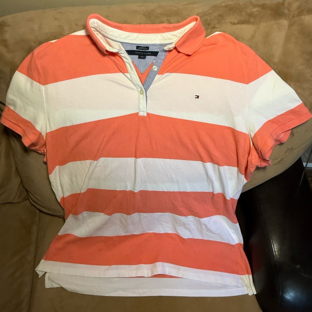 Tommy Hilfiger Rugby Coral & White Striped Polo Top
